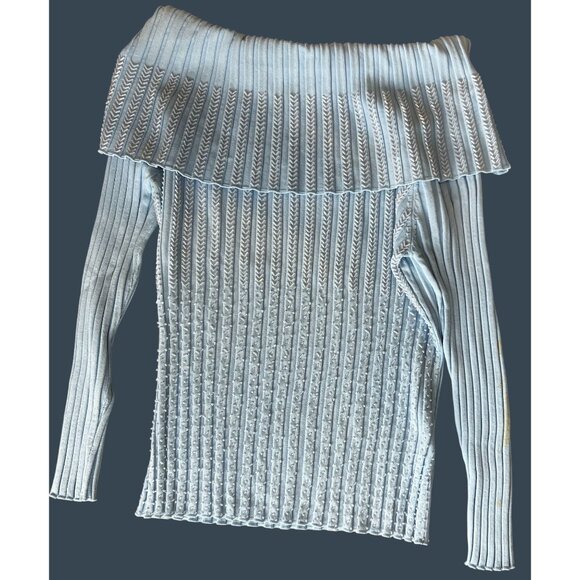 Beaded Womens Large Sweater Blue Ribbed Knit Off Shoulder Pullover Hong Kong 90s - Picture 1 of 13